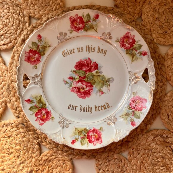Vintage 1930's Give Us This Day Our Daily Bread Cake/Wall Plate - Pink Roses - Picture 10 of 10